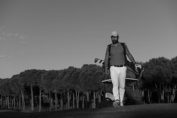 Image showing golfer  walking and carrying golf  bag