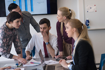 Image showing young business people group on meeting at modern office