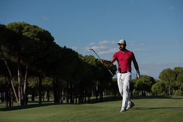 Image showing golf player walking and carrying driver