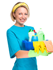 Image showing Young woman as a cleaning maid