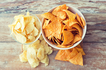 Image showing close up of potato crisps and corn nachos on table