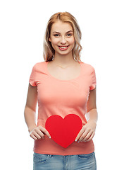 Image showing happy woman or teen girl with red heart shape