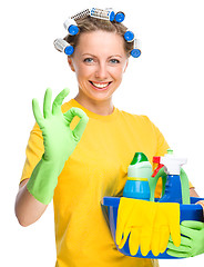 Image showing Young woman as a cleaning maid