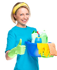 Image showing Young woman as a cleaning maid