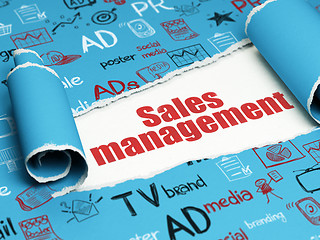 Image showing Advertising concept: red text Sales Management under the piece of  torn paper