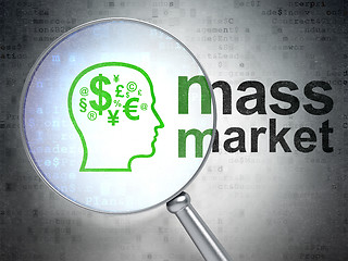 Image showing Marketing concept: Head With Finance Symbol and Mass Market with optical glass