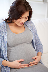 Image showing happy pregnant woman sitting on sofa at home