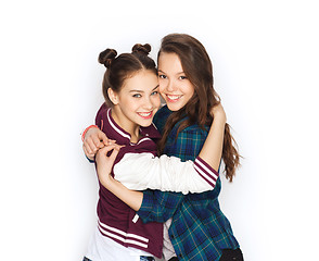 Image showing happy smiling pretty teenage girls hugging