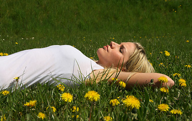 Image showing Woman lying on grass