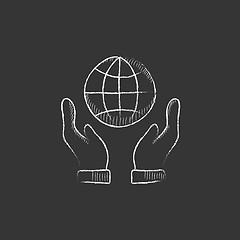 Image showing Two hands holding globe. Drawn in chalk icon.