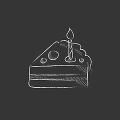 Image showing Slice of cake with candle. Drawn in chalk icon.