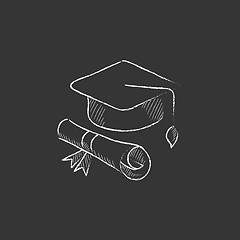 Image showing Graduation cap with paper scroll. Drawn in chalk icon.