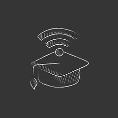 Image showing Graduation cap with wi-fi sign. Drawn in chalk icon.