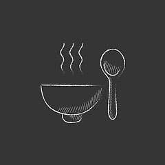 Image showing Bowl of hot soup with spoon. Drawn in chalk icon.