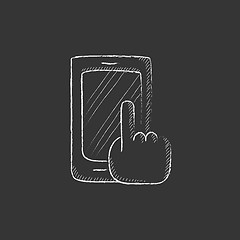 Image showing Finger pointing at smart phone. Drawn in chalk icon.