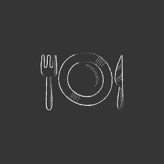Image showing Plate with cutlery. Drawn in chalk icon.