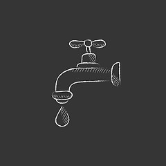 Image showing Faucet with water drop. Drawn in chalk icon.