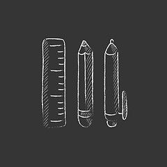 Image showing School supplies. Drawn in chalk icon.