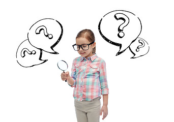 Image showing little girl in eyeglasses with magnifying glass