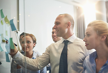 Image showing smiling business people with marker and stickers