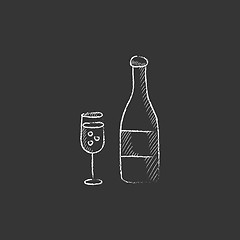 Image showing Bottle of champaign and glass. Drawn in chalk icon.