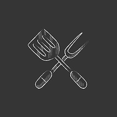 Image showing Kitchen spatula and big fork. Drawn in chalk icon.