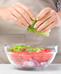 Image showing Cook is tearing lettuce while making salad