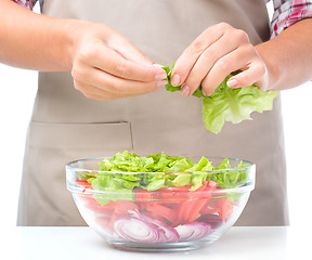 Image showing Cook is tearing lettuce while making salad