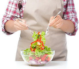 Image showing Cook is mixing salad