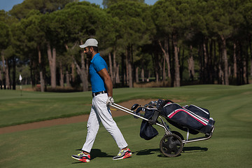 Image showing golf player walking with wheel bag