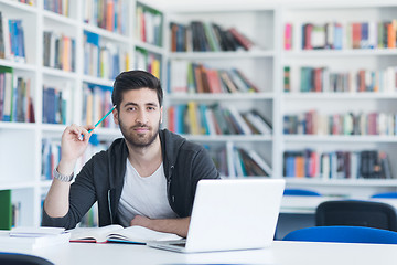 Image showing student in school library using laptop for research