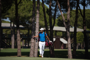 Image showing golf player walking and carrying bag