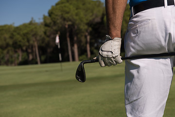 Image showing golf player close up hand and driver from back