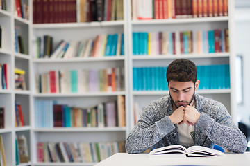 Image showing portrait of student while reading book  in school library