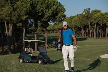 Image showing golfer  walking and carrying golf  bag