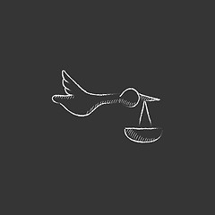 Image showing Baby basket with stork. Drawn in chalk icon.