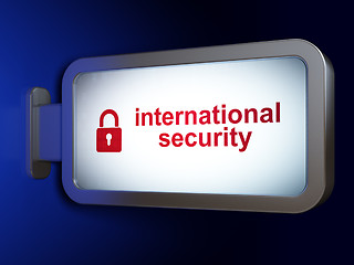 Image showing Safety concept: International Security and Closed Padlock on billboard background