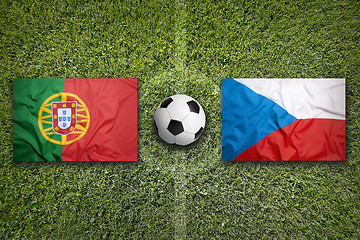 Image showing Portugal vs. Czech Republic flags on soccer field