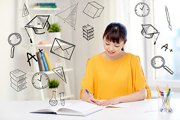 Image showing happy asian young woman student learning at home