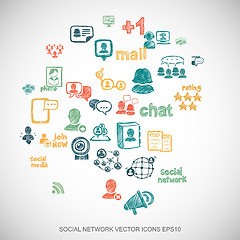 Image showing Multicolor doodles Hand Drawn Social Network Icons set on White. EPS10 vector illustration.