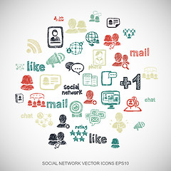 Image showing Multicolor doodles Hand Drawn Social Network Icons set on White. EPS10 vector illustration.
