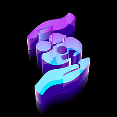 Image showing Insurance icon: 3d neon glowing Family And Palm made of glass, vector illustration.