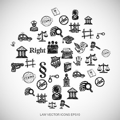 Image showing Black doodles Hand Drawn Law Icons set on White. EPS10 vector illustration.