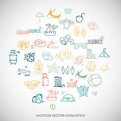 Image showing Multicolor doodles Hand Drawn Vacation Icons set on White. EPS10 vector illustration.