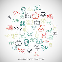 Image showing Multicolor doodles Hand Drawn Business Icons set on White. EPS10 vector illustration.