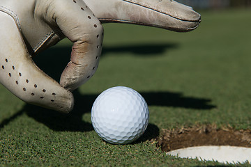 Image showing man\'s hand putting golf ball in hole