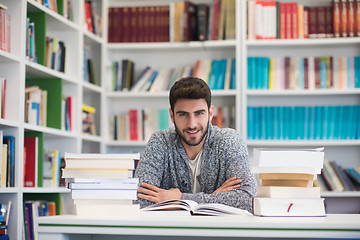 Image showing portrait of student while reading book  in school library