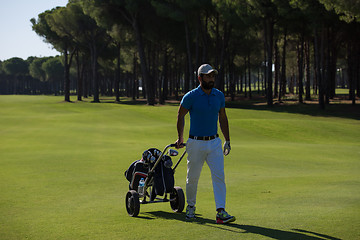 Image showing golf player walking with wheel bag