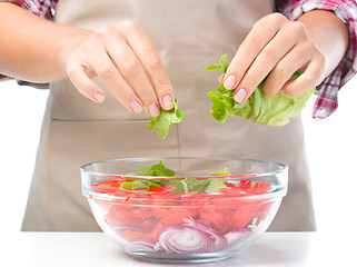 Image showing Cook is tearing lettuce while making salad
