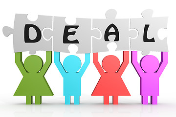 Image showing Four people hold puzzle with deal word